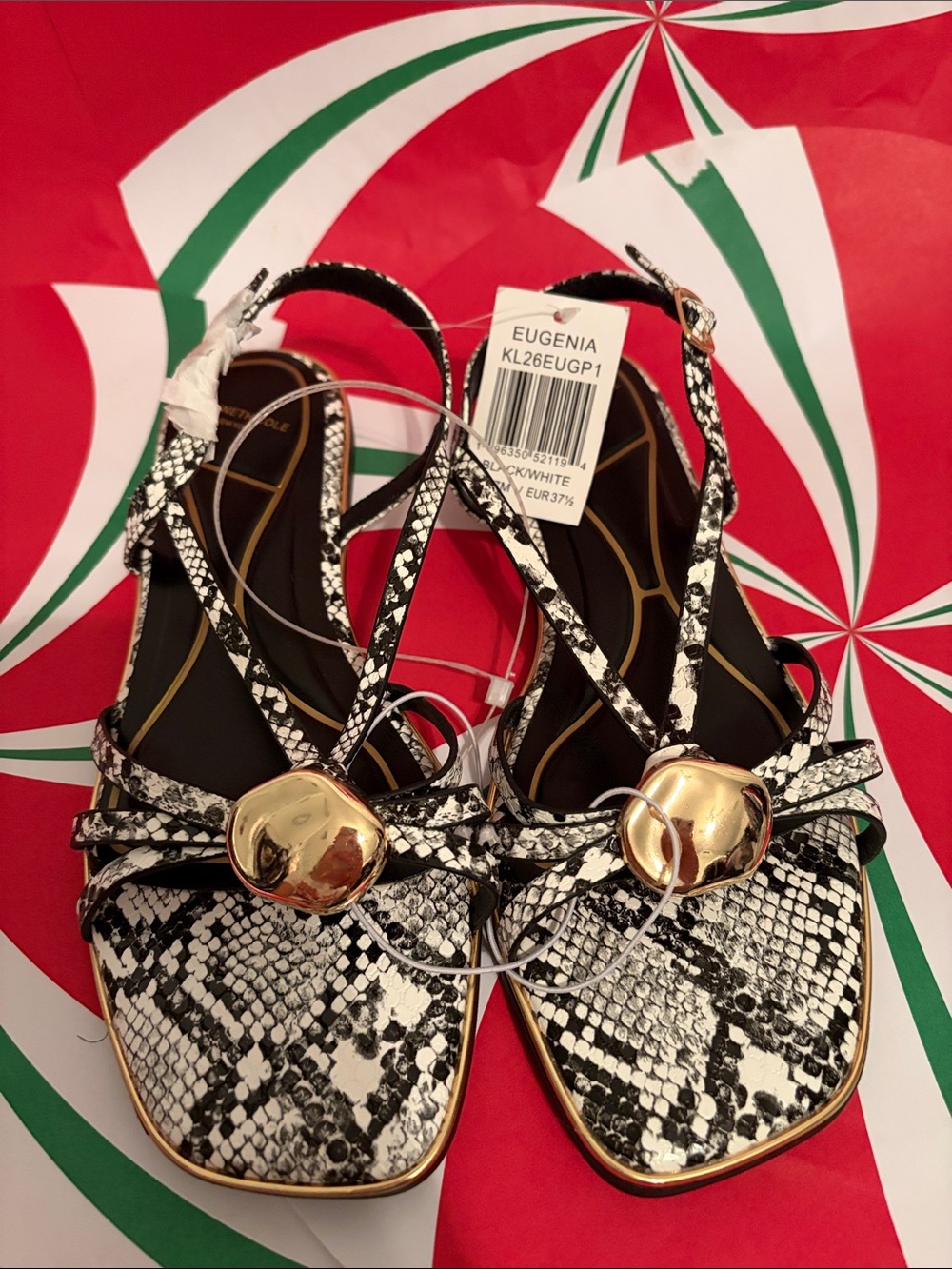 Kenneth Cole Black & White Snake-Print Slingback Sandals with Gold Ornament